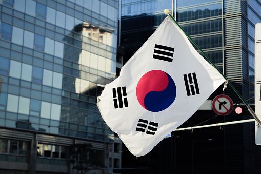 South Korean flag in front of a modern building