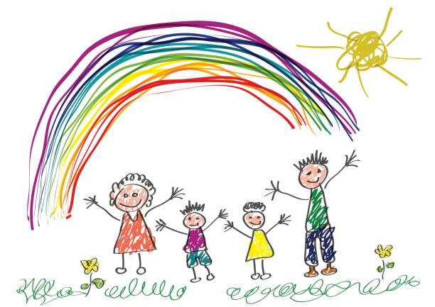 ilustraciones, imágenes clip art, dibujos animados e iconos de stock de dibujo vectorial hecho por un niño, una familia feliz en la primavera - child drawing