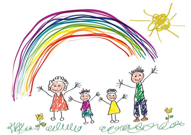 illustrazioni stock, clip art, cartoni animati e icone di tendenza di disegno vettoriale realizzato da un bambino, famiglia felice in primavera - child drawing