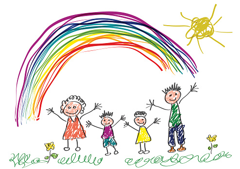 Vector drawing made by a child, happy family in the spring