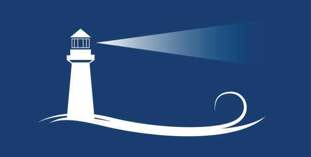 vektor-banner-leuchtturm in blauem hintergrund - sea sign direction beacon stock-grafiken, -clipart, -cartoons und -symbole