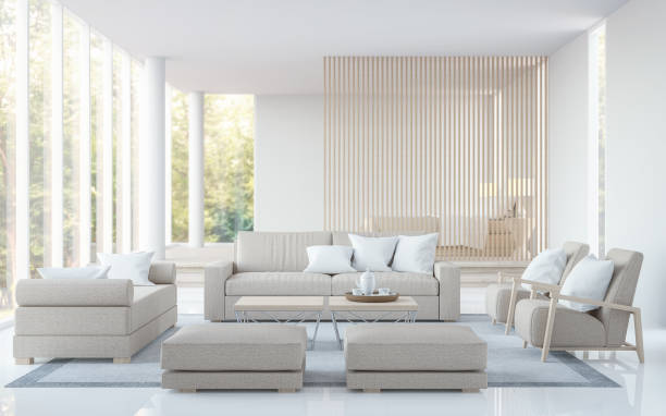 istock Modern white living room and bedroom 3D rendering image 681639840