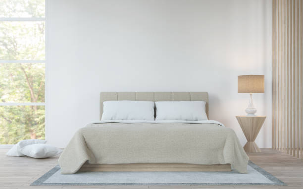 moderna camera da letto bianca nell'immagine di rendering 3d della foresta - letto matrimoniale foto e immagini stock