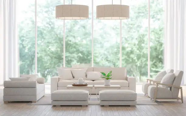 Modern white  living room in the forest 3d rendering image.There is a large sofa set, wooden floors and large glass windows. Can look out to see the beautiful nature.