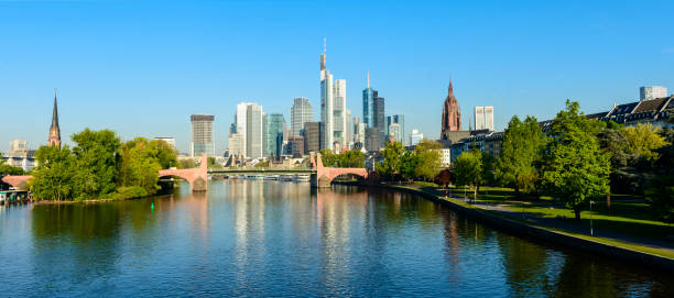 istock Panoramic View of the Frankfurt City skyline and Main river with reflection, Germany 681640356
