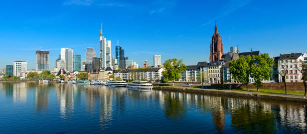 istock Panoramic View of the Frankfurt City skyline and Main river reflection, Germany 681640392