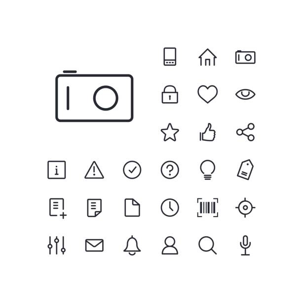 白い背景のセットにカメラのアイコン。web およびモバイル アプリで使用する普遍的な線形アイコン。 - lens camera photography photography themes点のイラスト素材／クリップアート素材／マンガ素材／アイコン素材