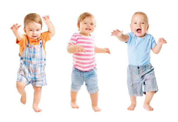 ベビーゴー、面白い子供の表現、赤ちゃんを遊ぶ孤立した白い背景、1歳 - 1歳以上2歳未満 ストックフォトと画像