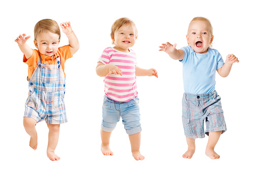 Baby Go, Funny Kids Expression, Playing Babies Isolated over White Background, one year old children