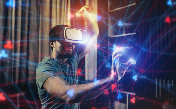 istock Working with futuristic charts in Virtual Reality Glasses 681658122