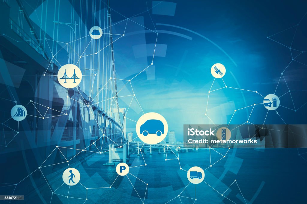 duotone graphic of modern transportation and communication network, intelligent vehicle, smart transportation, internet of things, abstract image visual Smart Grid Stock Photo