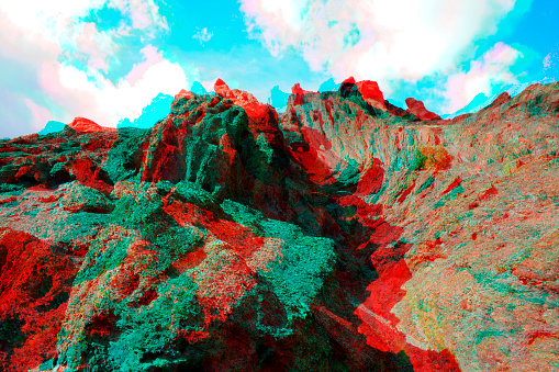 3D Anaglyph, geologic strata. Madriguera in Segovia province. Taken with Canon EOS 400D and processed with Adobe Photoshop CS5.