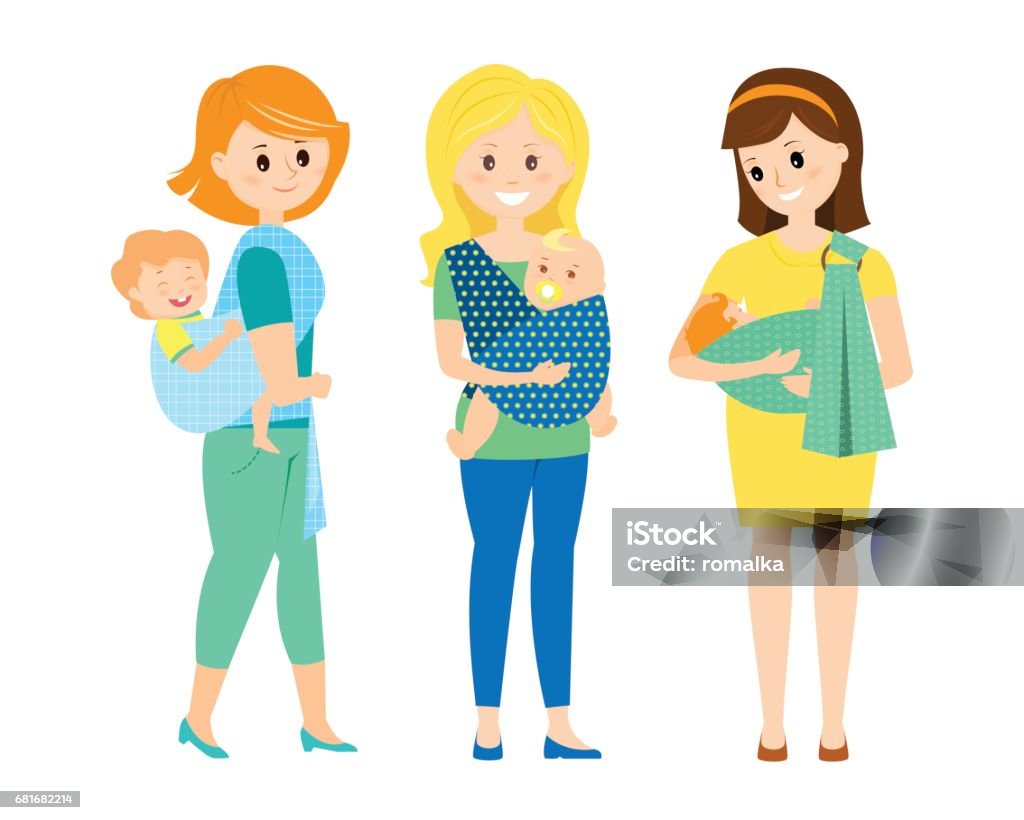 Three mothers with children in slings Three happy mothers with children in slings..Mother with slipping baby.Mother with twins. Mother with baby on her back in a sling scarf.Isolated on white background. Vector illustration. Baby Carrier stock vector