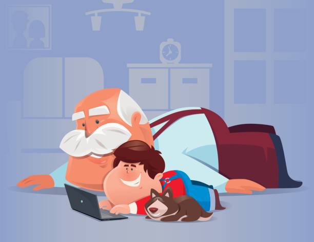 ilustrações de stock, clip art, desenhos animados e ícones de kid using laptop with grandfather and dog - grandparent grandfather humor grandchild