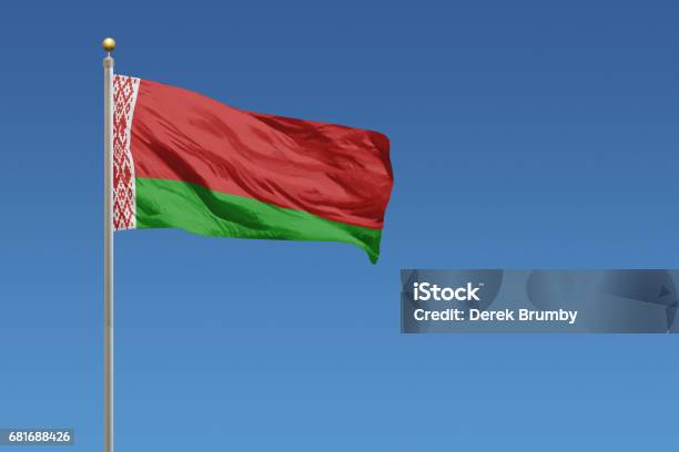 National Flag Of Belarus On A Clear Blue Sky Stock Photo - Download Image Now - Belarus, Flag, National Flag