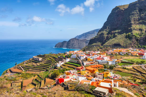View of village Agulo on Canary Islands La Gomera in the province of Santa Cruz de Tenerife - Spain Agulo is located on the north coast of the island of La Gomera in the province of Santa Cruz de Tenerife of the Canary Islands. It is located 13 km northwest of the capital San Sebastián de la Gomera. canary stock pictures, royalty-free photos & images