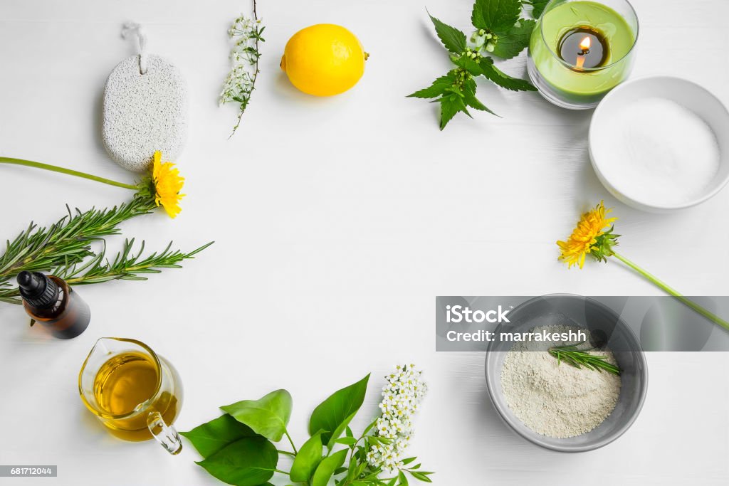 Organic spa.Skincare natural ingredients with clay, olive oil,pumice stone, herbal extracts, home-spa concept Natural Condition Stock Photo