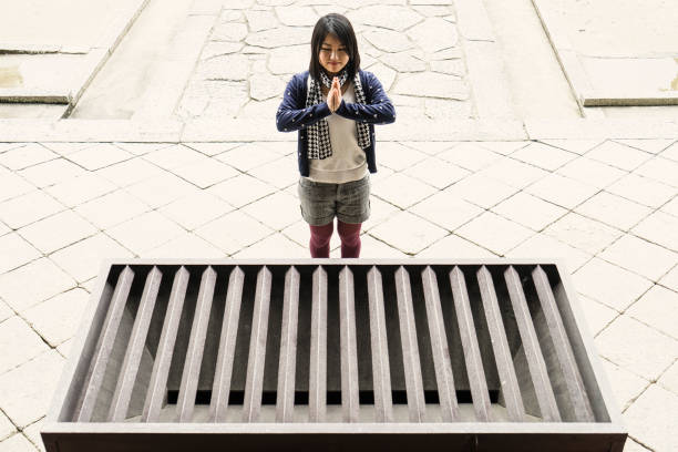 istock Young woman coming to a temple for sightseeing 681722344