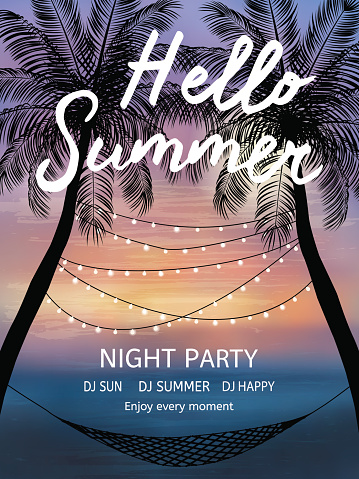 Summer tropical background  with palms, sky and sunset. Summer poster, flyer, invitation card. Summertime.