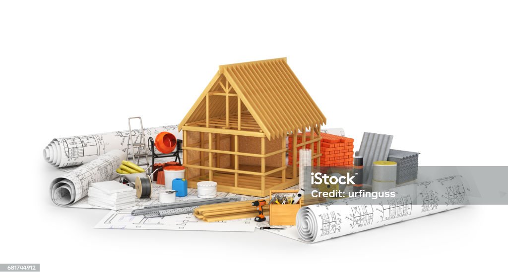 Construction materials, building of a wooden frame placed on the rolls of drawings isolated on white. 3D illustration Construction Material Stock Photo