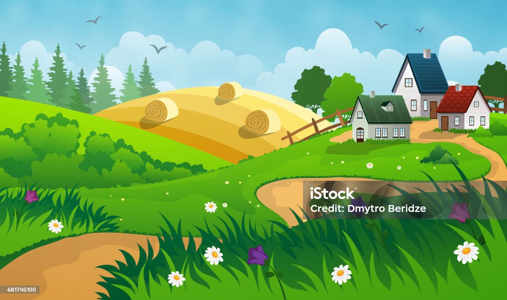 Countryside Landscape Stock Illustration - Download Image Now - Farm,  Village, Cartoon - iStock