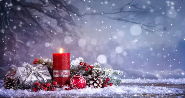 Advent decoration with one burning candle. Christmas background