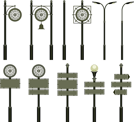 Vector illustration of a set of street signs, clocks and lamps on a pole on a white background