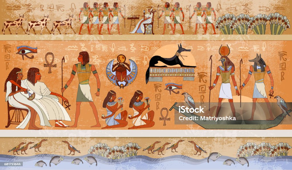 Ancient Egypt scene, mythology. Egyptian gods and pharaohs. Hieroglyphic carvings on the exterior walls of an ancient temple Hieroglyphics stock vector