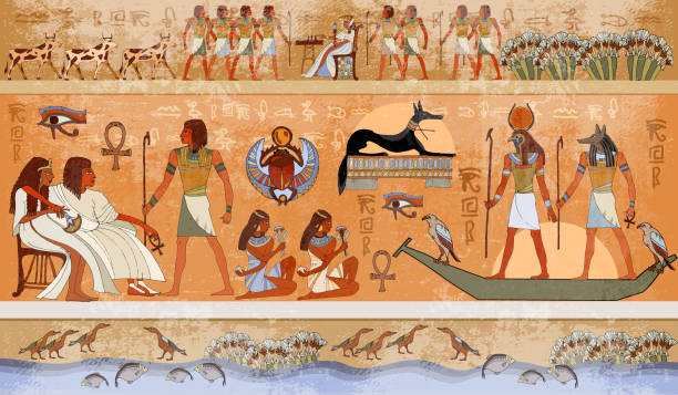 Ancient Egypt scene, mythology. Egyptian gods and pharaohs. Hieroglyphic carvings on the exterior walls of an ancient temple vector art illustration
