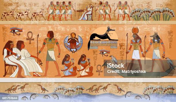 Ancient Egypt Scene Mythology Egyptian Gods And Pharaohs Hieroglyphic Carvings On The Exterior Walls Of An Ancient Temple Stock Illustration - Download Image Now