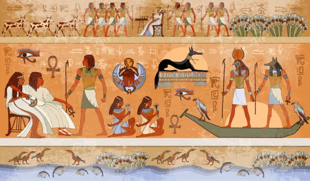 Vector illustration of Ancient Egypt scene, mythology. Egyptian gods and pharaohs. Hieroglyphic carvings on the exterior walls of an ancient temple