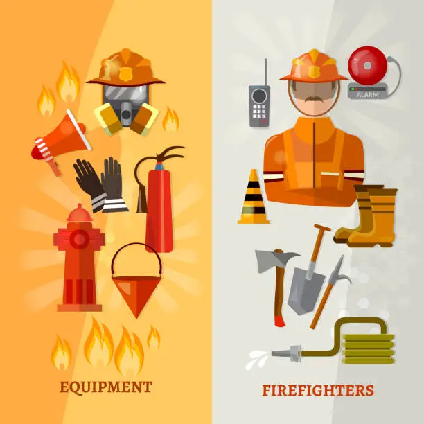 Vector illustration of Professional firefighters banners fire safety equipment fireman vector