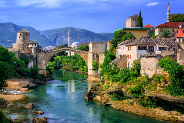 Old Bridge Stari Most in Mostar, Bosnia and Herzegovina Old town of Mostar, Bosnia and Herzegovina, with Stari Most bridge, Neretva river and old mosques stari most mostar stock pictures, royalty-free photos & images