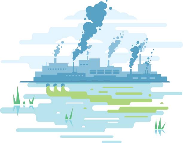 Industrial Pollution of Nature Factory buildings silhouette with smoke from chimney, smog and fog in sky, ecology concept, water pollution from industrial pipe, ecological disaster, dirty toxic effluents, flat style illustration, isolated persistent organic pollutants stock illustrations