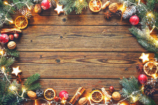 istock Christmas decoration on a wooden table 681755436