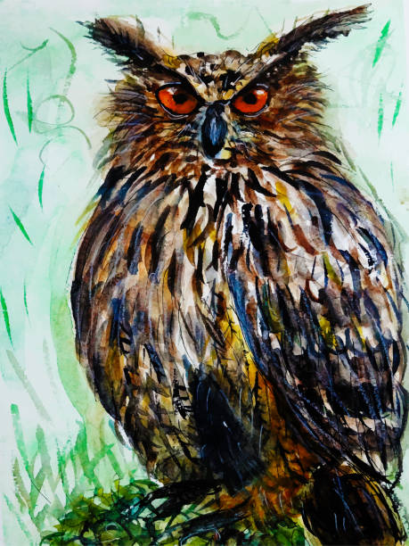 Big eagle owl watercolor stock Big eagle owl watercolor stock хищная птица stock illustrations