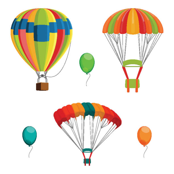 ilustraciones, imágenes clip art, dibujos animados e iconos de stock de conjunto de aire colorido globo y paracaídas realista vector ilustración - vegetable basket