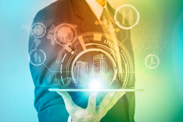 istock smart city and modern lifestyle concept, a man holding a tablet pc 681768598