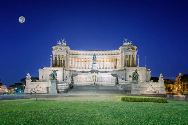 Horizontal View of the Altar of the Fatherland on Blue Partially Cloudy Sky Background. Rome, Italy