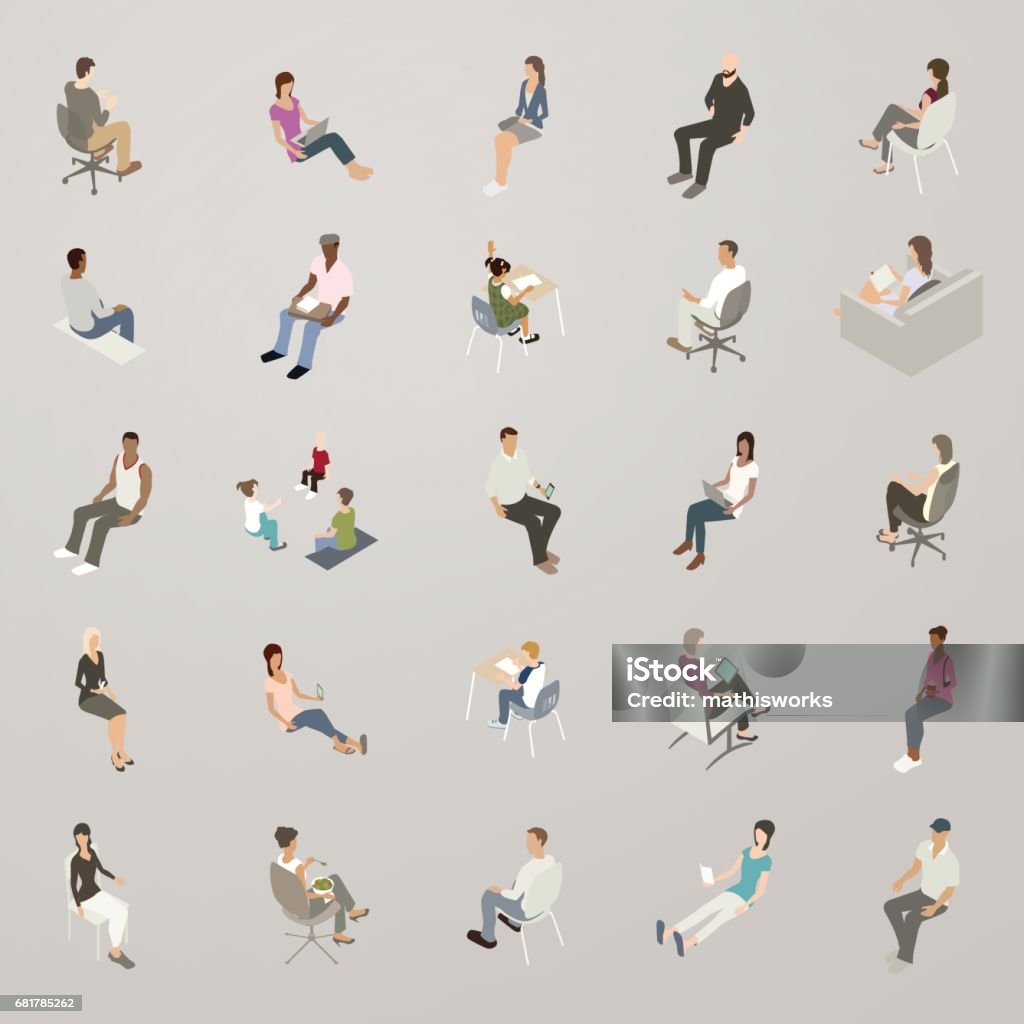 Isometric People Sitting Isometric vector icons include 27 people sitting. A diverse set of men, women, and children are dressed casually, for business, and for school. People stock vector