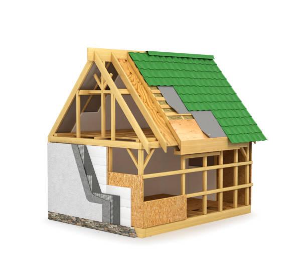 istock frame construction home. Insulation of walls and roof isolated on white background. 3D illustration 681785584