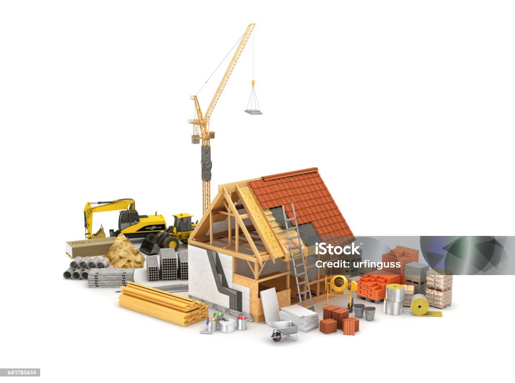 Construction materials, construction of houses of timber frame and its insulation. 3D illustration Architecture Stock Photo