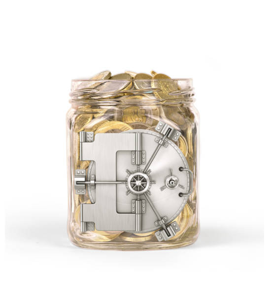 istock Closed safe doors on a glass jar with coins 681792818