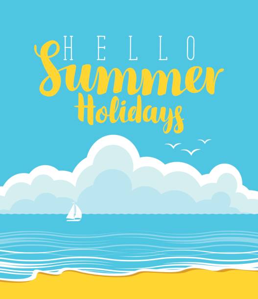 travel banner with beach, sea, clouds and sailboat vector travel banner with the inscription hello summer holidays with the beach, sea, clouds and sailboat sailing background stock illustrations