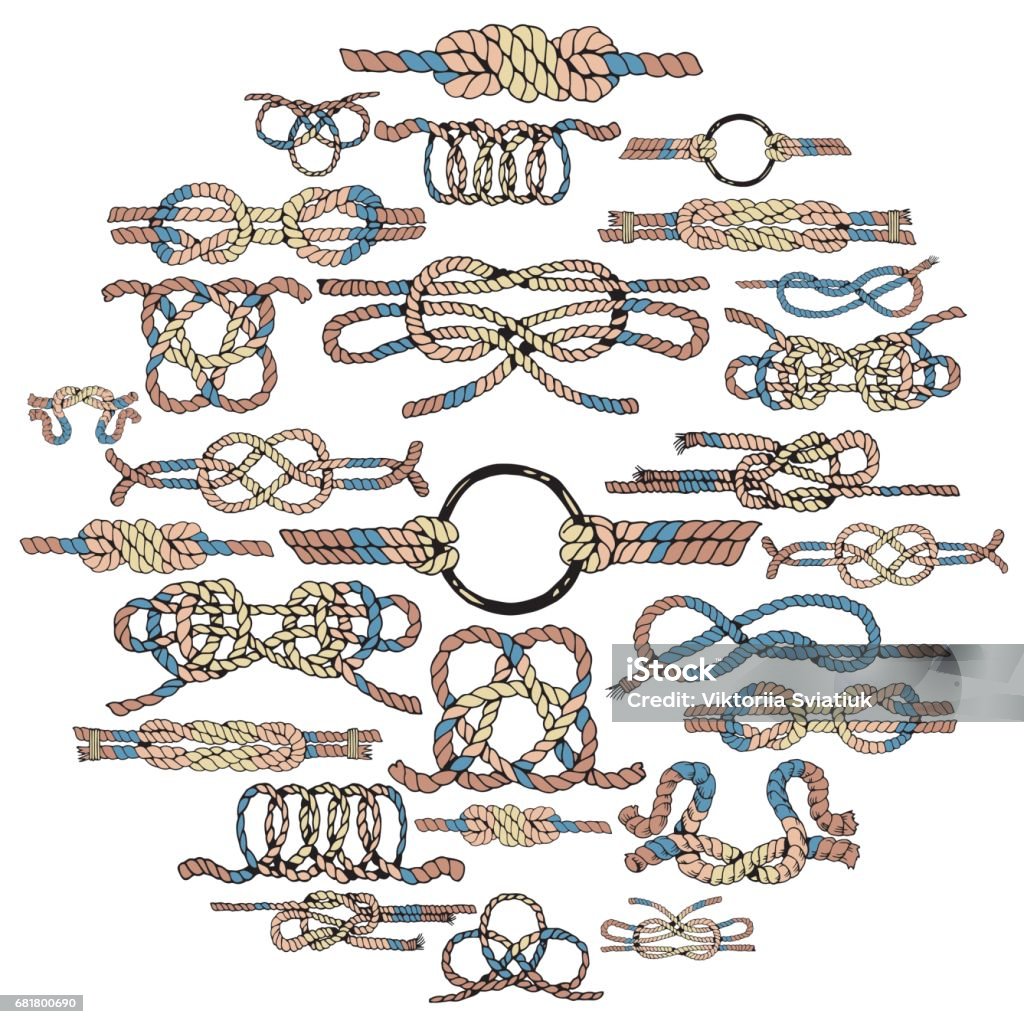 Rope Knots Collection. Vector illustration with Different Hitches and Bends in Circle. Rope Knots Collection. Hand Drawn Decorative Elements. Vector illustration with Different Hitches and Bends in Circle. Rope stock vector