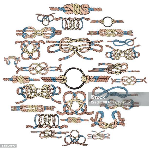 Rope Knots Collection Vector Illustration With Different Hitches And Bends In Circle Stock Illustration - Download Image Now