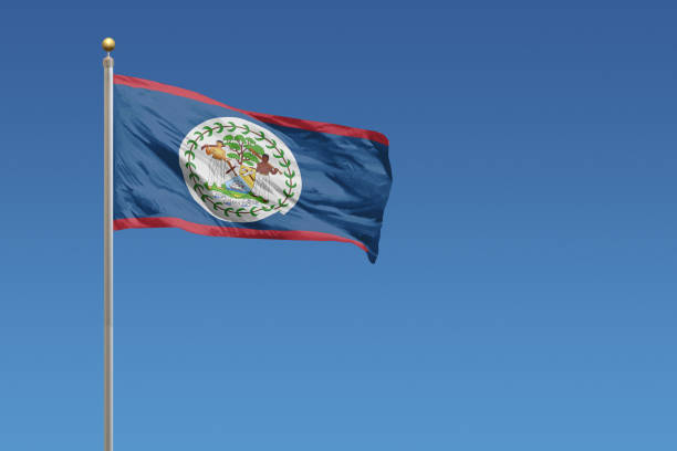 bandeira nacional de belize em um céu azul claro - flag of belize - fotografias e filmes do acervo
