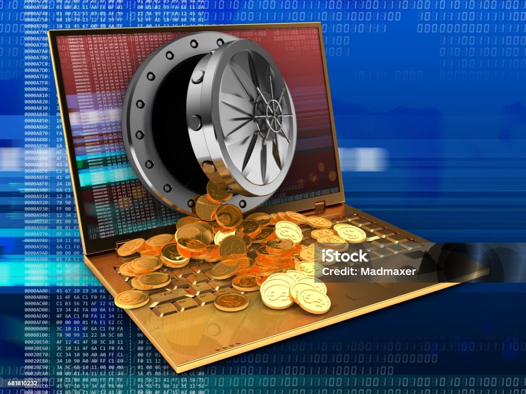 Golden Box Computer 3d Golden Computer And Treasure Stock Photo - Download Image Now - Gold ...