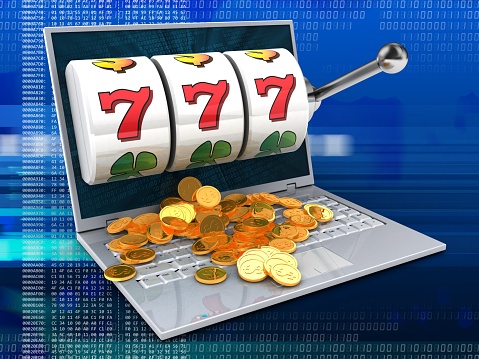 3d illustration of laptop over digital background with binary data screen and jackpot