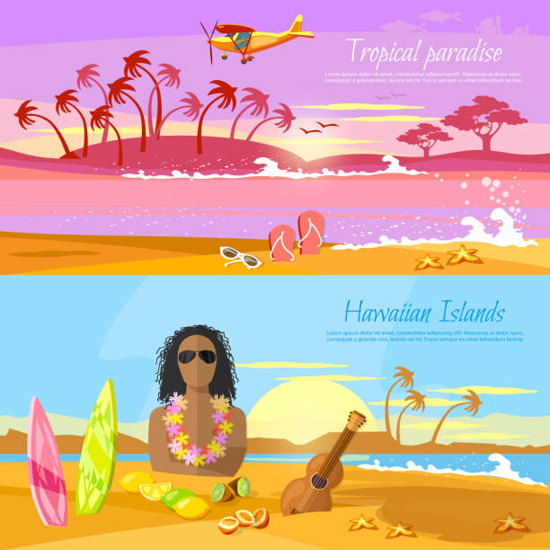 illustrations, cliparts, dessins animés et icônes de voyage en été. bannière de plage tropicale, île paradisiaque pour reste. voyage à hawaii, tahiti. surfer sur la magnifique plage. paradis tropical parfait - tropical climate airplane island hawaii islands